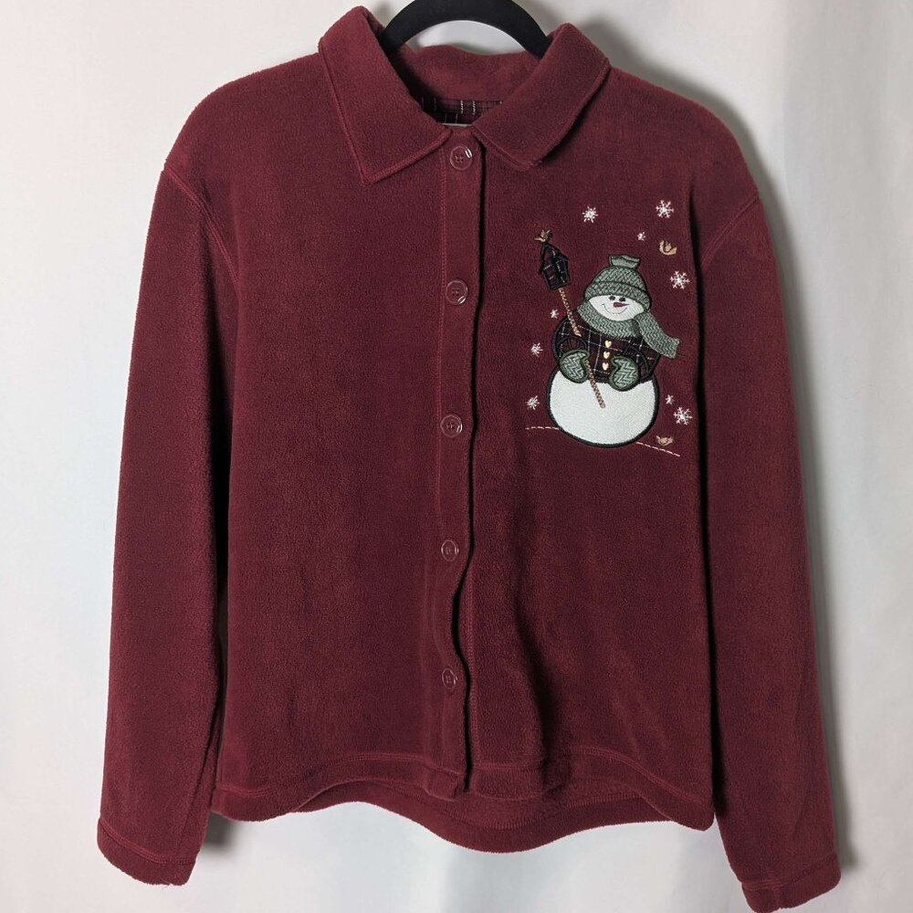 Christopher & Banks Vintage Burgundy Fleece Snowman Button-Up Top Medium
